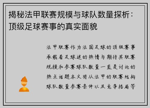 揭秘法甲联赛规模与球队数量探析：顶级足球赛事的真实面貌